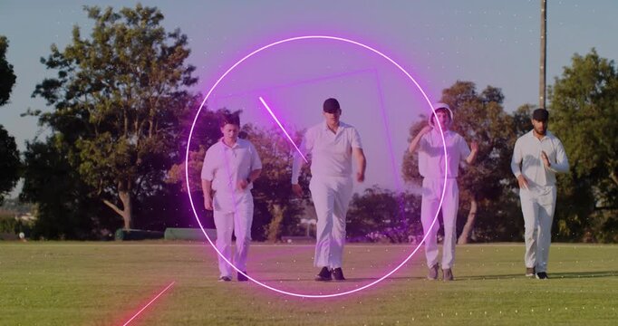 Four men marching toward cam on sports turf, driving neon-magenta shapes centering duo uniting team