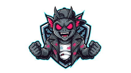 Aggressive cartoon goblin mascot with red eyes, horns, and a leather jacket, set against a shield emblem.