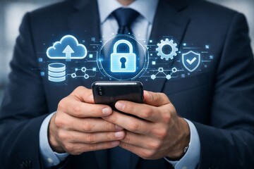 Businessman holding smartphone with digital cybersecurity icons including padlock, cloud, and shield hovering above in a futuristic technology concept.. Ai generative