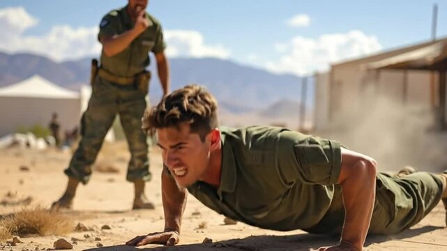 Soldier performs push-ups in the desert under the supervision of a superior officer.