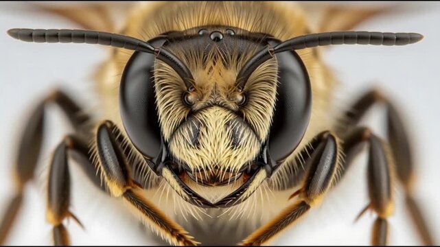 Extreme close-up view of a honey bee's face highlighting its compound eyes and fuzzy antennae in a studio setting