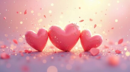 Three radiant hearts in a dreamy setting