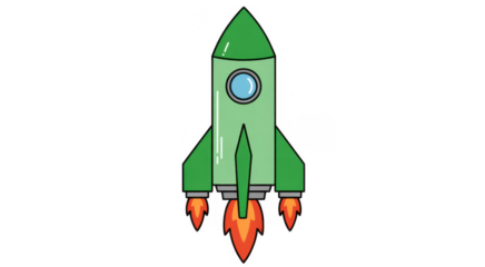Green cartoon rocket ship with orange flames isolated on a transparent background