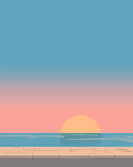 Minimalist flat vector illustration of a calm sunset over the ocean with a clear sky and seaside pavement border.