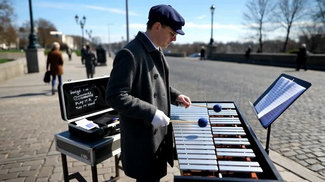 A musician skillfully playing a vibraphone in a sunny urban setting, surrounded by pedestrians and historical architecture