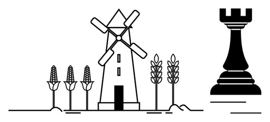 Windmill surrounded by crops, wheat and corn, placed alongside a chess rook. Ideal for agriculture, strategy, rural industry, food production, cultivation, planning simple flat metaphor © robu_s