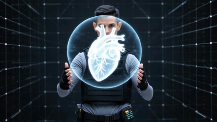 A person in tactical attire displaying a holographic heart model against a digital background, conveying a blend of technology and medical science