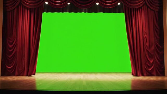 Stage theater red curtain opening and closing isolated on green chroma key background loop