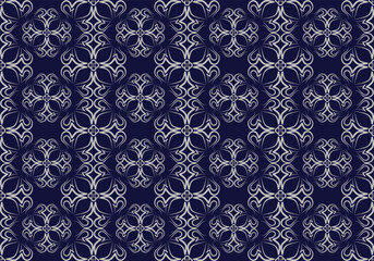 The exquisite seamless pattern is distinguished by silver embellishments on a dark blue background.