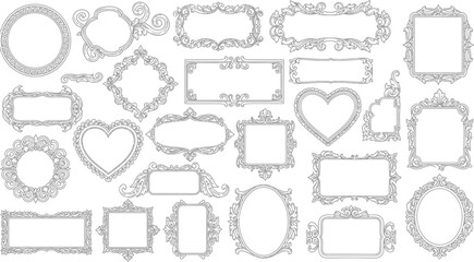 Collection of ornate black and white vintage baroque frames featuring diverse shapes like rectangles hearts and ovals perfect for elegant designs.