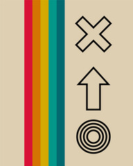 Retro minimalist graphic featuring vertical colorful stripes with geometric symbols of cross, arrow, and circles on beige background.
