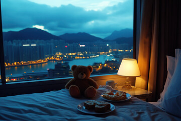 A children's bed with a teddy bear, a large window, and a view of the night city.