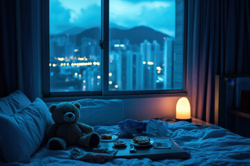 A children's bed with a teddy bear, a large window, and a view of the night city.