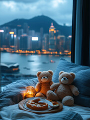 A children's bed with a teddy bear, a large window, and a view of the night city.