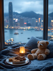 A children's bed with a teddy bear, a large window, and a view of the night city.