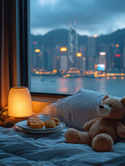 A children's bed with a teddy bear, a large window, and a view of the night city.