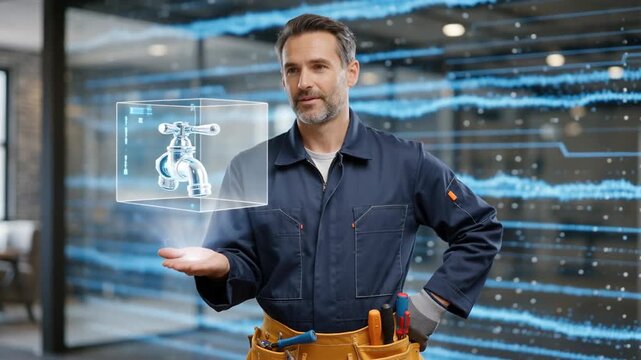 Plumber using augmented reality technology to visualize plumbing systems with digital interface elements in a modern setting