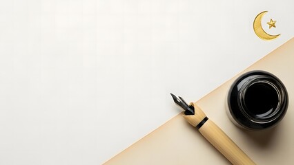 Islamic calligraphy art with fountain pen and ink on beige background with gold moon and star symbol religion