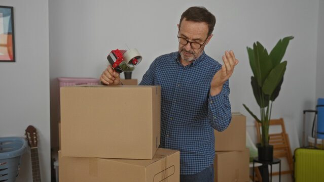 Hispanic man packing boxes in living room of new home with a focused expression, displaying a mature and thoughtful demeanor.