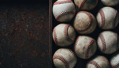 Baseballs stacked in a container showing wear and use in a sports facility during a practice session