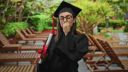 Woman student wearing graduation cap and gown, holding diploma tied with red ribbon and smiling while making ok sign with her hand in building; achievement pride.