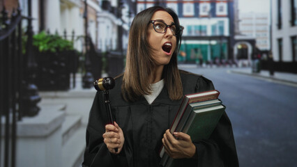 Obraz premium Woman judge holding gavel and stacked law books, mouth open in surprise on street wearing robe and glasses; surprise justice.
