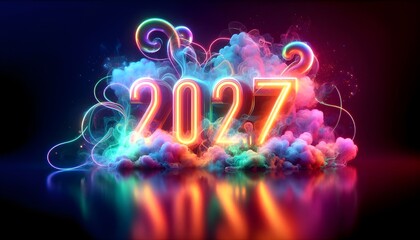 Neon style 2027 text rich smoke light effect dark background reflection future.v