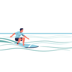 Surfer riding wave, minimalist flat design, ocean sport, summer vacation, active lifestyle