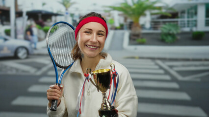 Woman holding trophy and tennis racket on a city street, smiling happily outdoors, embodying a victorious athlete with casual attire and vibrant urban background.