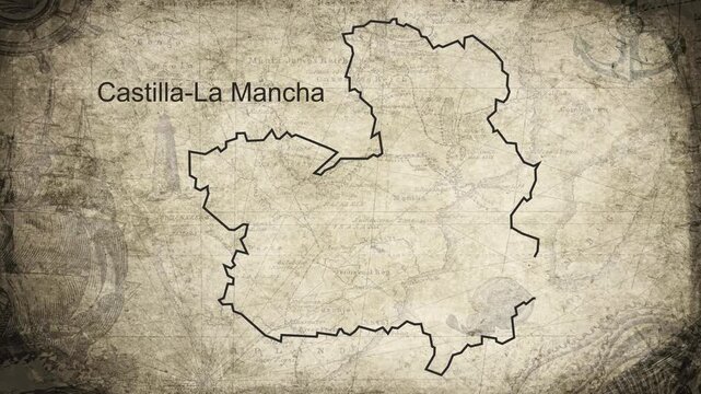 Castilla-La Mancha map drawn on a cartography background sheet of paper