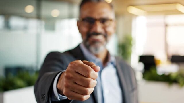 Determined Leadership: A poised businessman, radiating confidence, extends a fist towards the viewer, embodying resolve and assertiveness, highlighting his professional strength.