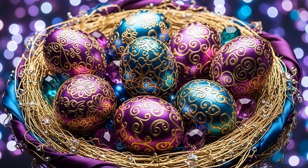 Beautiful easter eggs in a golden nest with vibrant colors