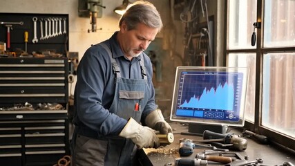 A skilled craftsman wearing protective gloves concentrates on his work, surrounded by various tools in a well-lit workshop