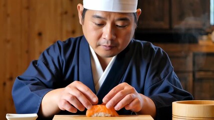 A skilled sushi chef meticulously crafting sushi in a traditional setting, showcasing his focus and dedication