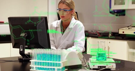Animation of scientific data processing over caucasian female lab worker using computer - Powered by Adobe