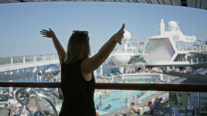 Woman with arms outstretched at cruise deck rail overlooking swimming pool and sunbathers; joy...