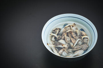 器の中に塩水と一緒に入れられた、砂抜き中のあさり