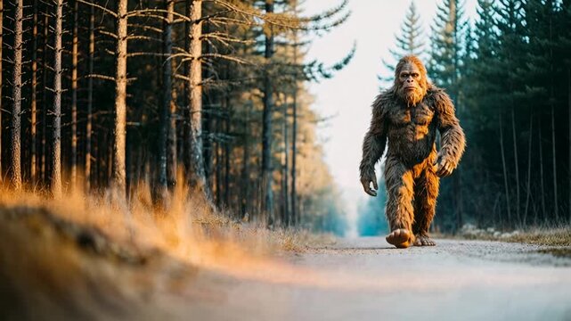 Mysterious Bigfoot walking along a misty forest road creating a cinematic atmosphere of legend solitude wilderness and the timeless human fascination with the unknown