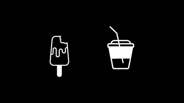 Bitten popsicle and beverage cup with straw on black background in motion graphics style