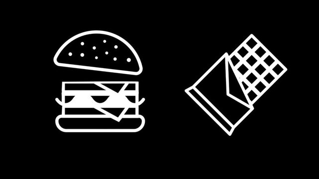 Minimalist fast food icons animation featuring white line art burger and chocolate bar