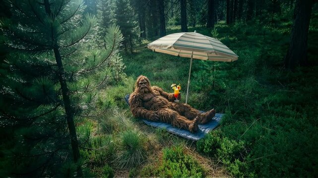 Surreal forest leisure concept showing a Bigfoot character sunbathing under an umbrella expressing irony fantasy relaxation humor and unexpected comfort in wilderness