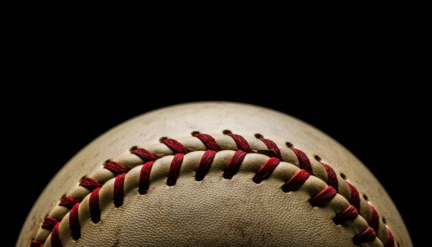 Close view of a baseball resting on a flat surface with dark background - Powered by Adobe