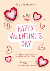 Fun hand-drawn Valentine&rsquo;s Day invitation with playful doodle hearts and cheerful typography. A bright and friendly design suitable for casual parties, youth events.