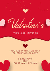 Minimal and stylish Valentine&rsquo;s Day invitation with smooth curves and heart accents. The clean red composition makes it perfect for romantic dinners, elegant parties, and modern love-themed events.