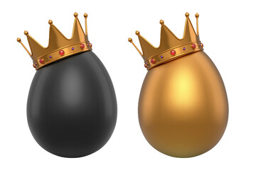 Black and gold eggs adorned with golden crowns with red gemstones, isolated on white transparent background. Concept of wealth, luxury, and exclusivity