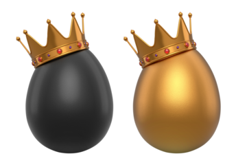 Black and gold eggs adorned with golden crowns with red gemstones, isolated on white transparent background. Concept of wealth, luxury, and exclusivity