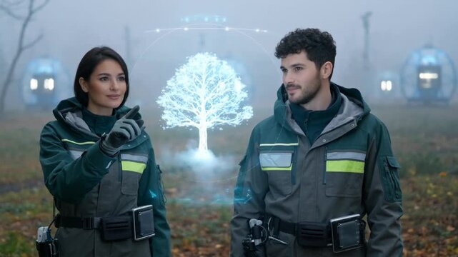 Two environmental scientists engaging in a discussion in a foggy forest, showcasing a digital tree hologram in the midst of nature