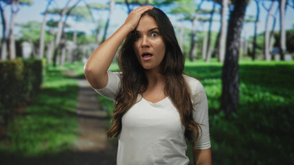Young hispanic woman with hand on forehead in forest park path, mouth open and visibly wide eyed;...