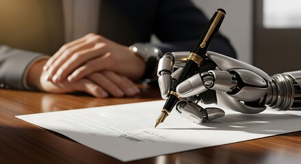Robot hand signing document with fountain pen