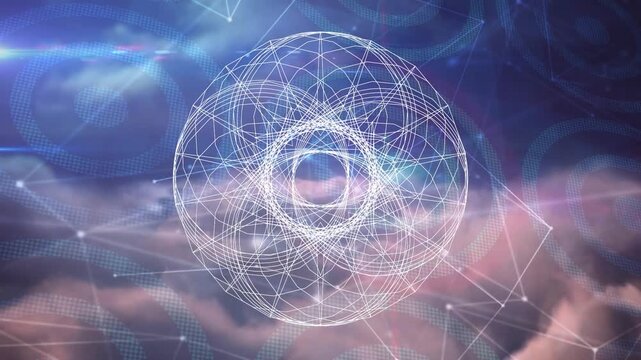 Animation of geometrical shape over connections on cloudy sky